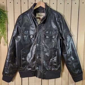 Guess Vintage Dark Brown Leather Bomber Jacket. Motocycle Jacket